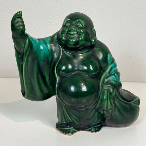 VTG Green Glazed Ceramic Buddha Figurine 8.5” - Picture 1 of 8